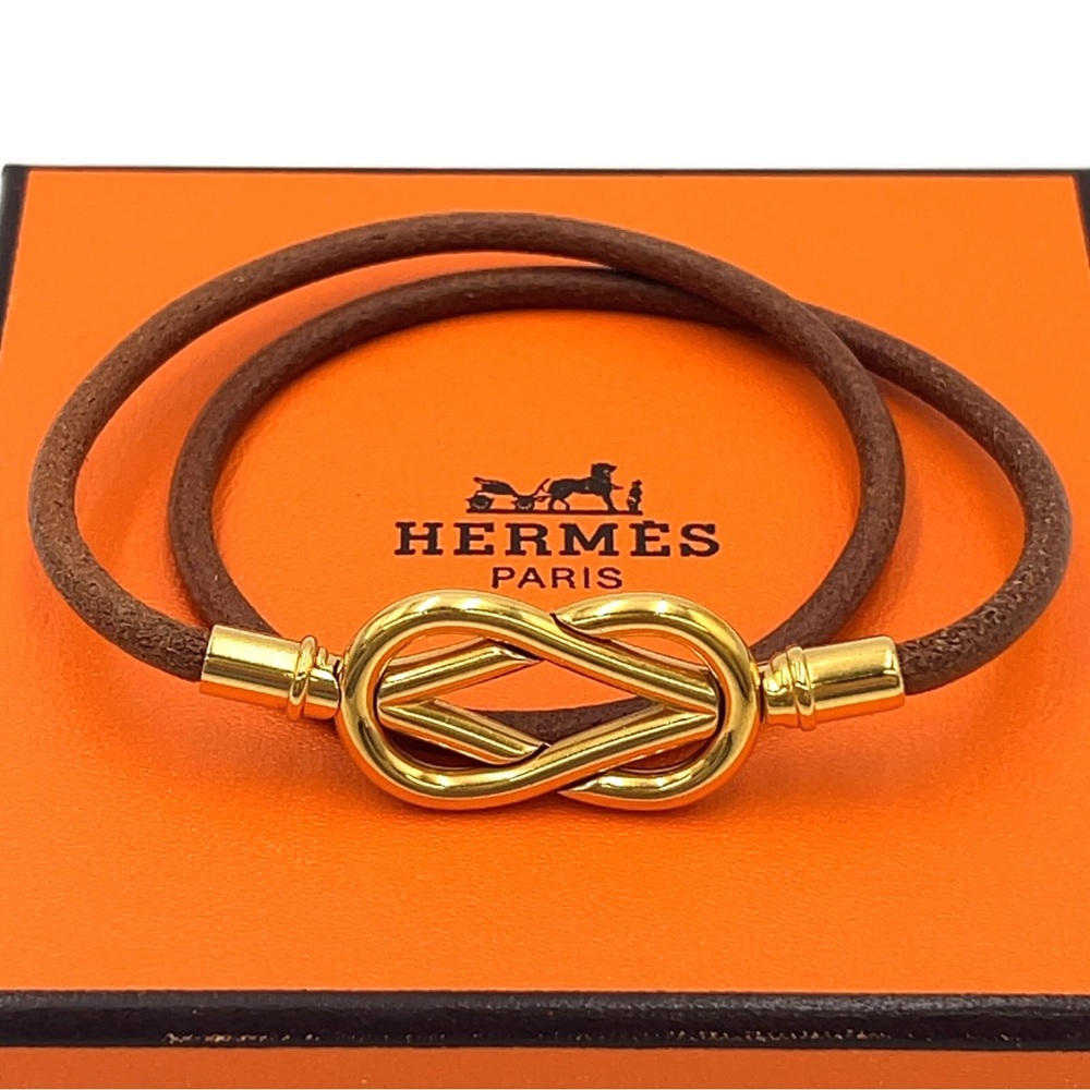 Hermes Brown Leather Double Wrap Bracelet with Gold Tone Knot Clasp